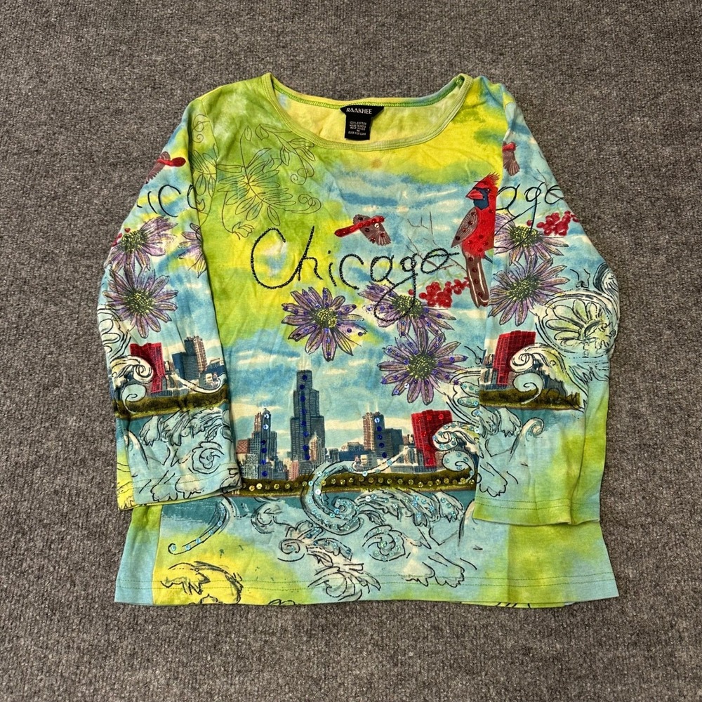 Raakhee Shirt Womens Size M Green Chicago Skyline Sequin Tie Dye 3/4 Sleeve